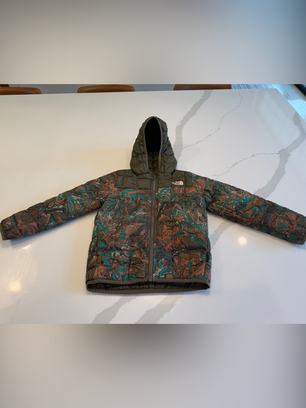 The North Face Kids' Hooded Puffer Jacket - Green & Brown Multi Print